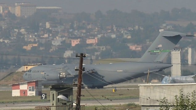 A United States Air Force cargo plane maneuvers on the runway after it landed at the Incirlik Air Base, in Adana, southern Turkey, Sunday, Aug. 9, 2015. AP Photo