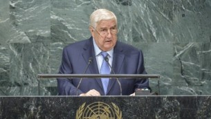 وزير الخارجية السوري ونائب رئيس الوزراء وليد المعلم خلال كلمته أمام الدورة ال71 للجمعية العامة للأمم المتحدة في نيويورك، 24 سبتمبر، 2016. (AFP/Kena Betancur)