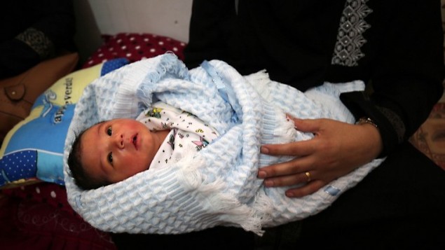 تهاني شعث تحمل مولودها وليد في منزلها في رفح، جنوب قطاع غزة، 12 اكتوبر 2016 (AFP/Said Khatib)