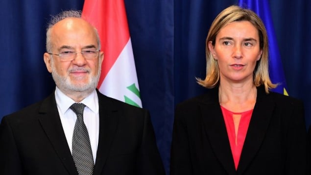 وزير الخارجية العراقي ابراهيم الجعفري خلال مؤتمر صحافي في بروكسل الى جانب وزيرة خارجية الاتحاد الاوروبي فيديريكا موغيريني، 18 اكتوبر 2016 (EMMANUEL DUNAND / AFP)