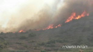 صورة للحرائق على أطراف مدينة زخرون يعقوب في 22 نوفمبر، 2016. ( Israeli police spokesperson's unit)