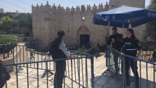 الشرطة تنصب حواجز بالقرب من باب العامود في القدس القديمة، 28 يوليو 2017 (Judah Ari Gross/Times of Israel)