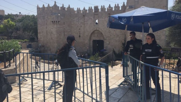 الشرطة تنصب حواجز بالقرب من باب العامود في القدس القديمة، 28 يوليو 2017 (Judah Ari Gross/Times of Israel) الشرطة تنصب حواجز بالقرب من باب العامود في القدس القديمة، 28 يوليو 2017 (Judah Ari Gross/Times of Israel)
