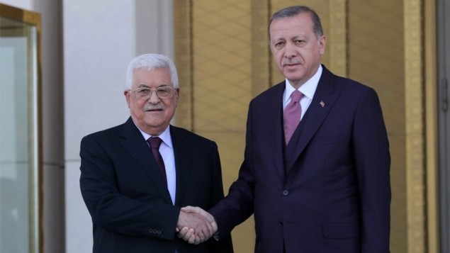 رئيس السلطة الفلسطينية محمود عباس يصافح الرئيس التركي رجب طيب اردوغان خلال حفل استقبال رسمي في المجمع الرئاسي في انقرة، 28 اغسطس 2017 (AFP PHOTO / ADEM ALTAN)