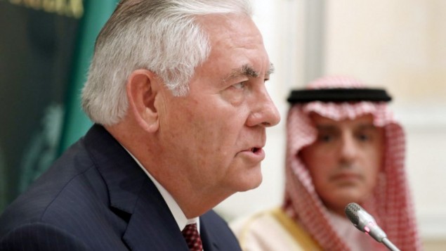 وزير الخارجية الامريكي ريكس تيلرسون خلال مؤتمر صحفي مع نيره السعودي عادل الجبير في الرياض، 22 اكتوبر 2017 (Alex Brandon / POOL / AFP)