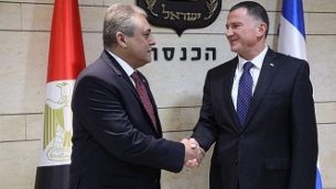 السفير المصري لدى إسرائيل حازم خيرت (من اليسار) يلتقي برئيس الكنيست يولي إدلشتين في الكنيست، 21 نوفمبر، 2017. (Knesset spokesperson's office)