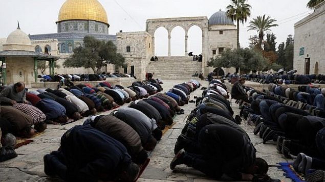 المصلون المسلمون يؤدون صلاة الجمعة بالقرب من ضريح قبة الصخرة في المسجد الاقصى في القدس القديمة، 22 كانون الاول / ديسمبر 2017. (AFP Photo/Ahmad Gharabli)
