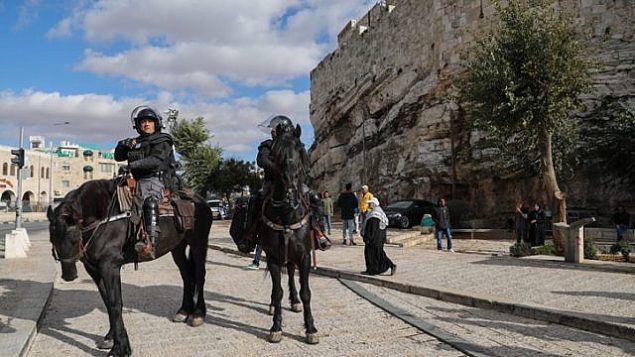 قوات الأمن تستعد لمواجهات مع متظاهرين فلسطينيين خارج باب العامود في القدس القديمة، 7 ديسمبر، 2017. (Hadas Parush/Flash90)