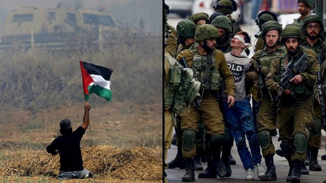 يسار: المتظاهر الفلسطيني المقعد إبراهيم أبو ثريا يلوح بالعلم الفلسطيني خلال مواجهات مع جنود إسرائيليين بالقرب من السياج الحدودي شرقي مدينة غزة، 19 مايو، 2017. (AFP PHOTO / MOHAMMED ABED/File) يمين: فوزي الجنيدي البالغ 16 عاما يعتقله جنود اسرائيليون خلال مظاهرة في الخليل، 7 ديسمبر 2017 (Wisam Hashlamoun/Flash90)