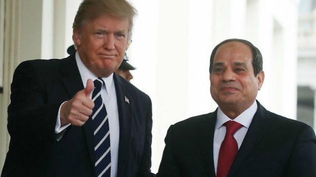 الرئيس الأمريكي دونالد رامب يرحب بالرئيس المصري عبد الفتاح السيسي في الجناح الغربي في البيت الأبيض، 3 أبريل، 2017.  (Mark Wilson Wilson/Getty Images via JTA)