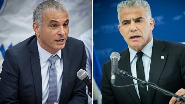 رئيس حزب ’كولانو’ موشيه كحلون، من اليسار؛ ورئيس حزب ’يش عتيد’ يائير لابيد، من اليمين. (Photos Flash90)