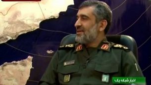 قائد القوة الجوفضائية لحرس الثورة الإسلامية، البريغادير جنرال أمير علي حاجي زاده. (لقطة شاشة: YouTube/MEMRITVVideos)