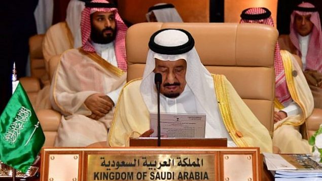 الملك السعودي سلمان بن عبد العزيز في القمة التاسعة والعشرين لجامعة الدول العربية في الظهران ، شرق المملكة العربية السعودية، في 15 أبريل  2018. (AFP / STR)