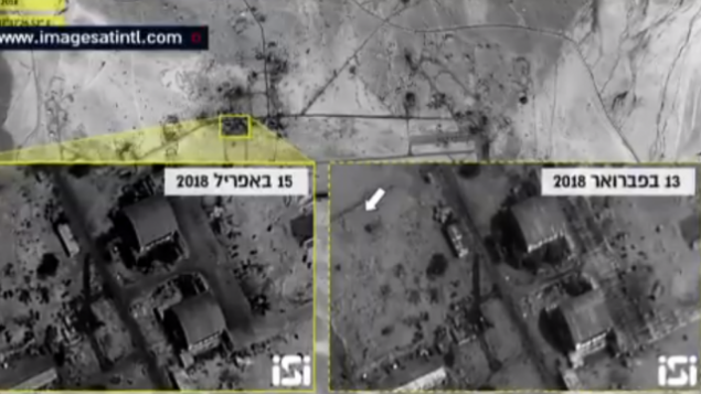 صورة أقمار اصطناعية لقاعدة T-4 في سوريا قبل وبعد الغارة الجوية في 9 أبريل. (Screenshot/Channel 10) صورة أقمار اصطناعية لقاعدة T-4 في سوريا قبل وبعد الغارة الجوية في 9 أبريل. (Screenshot/Channel 10)