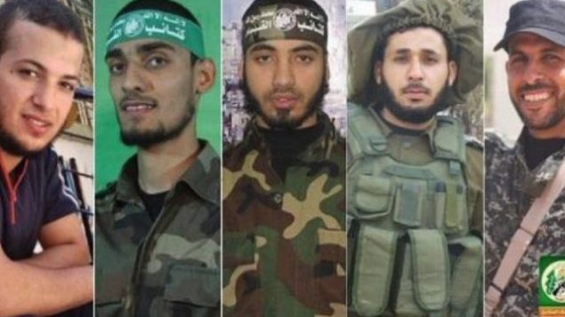 حركة حماس تنشر صور عناصر جناحها العسكري التي أقرت بأنهم كانوا من بين القتلى ال16 في المواجهات مع الجيش الإسرائيلي على السياج الحدودي عند السباج الحدودي بين غزة وإسرائيل الجمعة، 30 مارس، 2018.