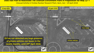 صورة أقمار اصطناعية من 29 أبريل، 2018، تظهر نشاطا حديثا في محطة فودرو النووية. (ImageSat International ISI)