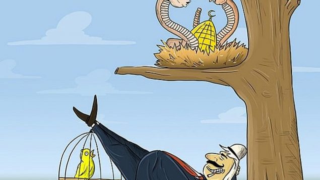 رسم كاريكاتوري يظهر الرئيس الأمريكي دونالد ترامب ورئيس الوزراء الإسرائيلي بينيامين نتنياهو كثعبانيين يستعدان لمهاجمة المسجد الأقصى في القدس، ’الجزيرة’، 16 مايو، 2018، قطر. (via the Anti-Defamation League)