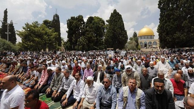 يصلي المسلمين بالقرب من قبة الصخرة والمسجد الأقصى، خلال صلاة الجمعة الثالثة من شهر رمضان المبارك في 1 يونيو 2018. (AFP Photo/Ahmad Gharabli)