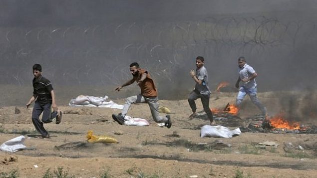 فلسطينيون يركضون بالقرب من السياج الشائك مع إسرائيل خلال اشتباكات في أعقاب مظاهرة على طول الشريط الحدودي مع قطاع غزة شرق مدينة غزة في 8 يونيو / حزيران 2018. (AFP PHOTO / MAHMUD HAMS)