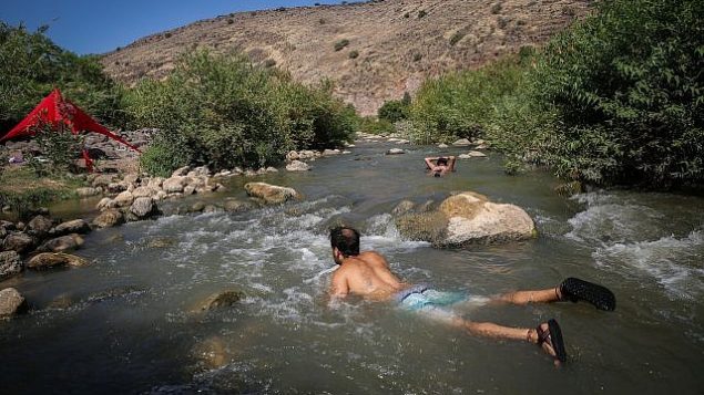 شابان إسرائيليان يسبحان في أحد جداول هضبة الجولان، في شمال إسرائيل. 10 أغسطس، 2018. (David Cohen/Flash90) شابان إسرائيليان يسبحان في أحد جداول هضبة الجولان، في شمال إسرائيل. 10 أغسطس، 2018. (David Cohen/Flash90)
