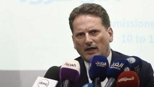 المفوض العام لوكالة الأمم المتحدة لإغاثة وتشغيل اللاجئين الفلسطينيين (أونروا)، بيير كرينبول، يتحدث خلال مؤتمر صحفي في مركز الأمم المتحدة للإعلام في القاهرة، 10 سبتمبر، 2018.  (AFP PHOTO / Khaled DESOUKI)