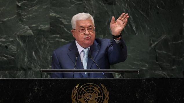 رئيس السلطة الفلسطينية محمود عباس يلقي كلمة أمام الدورة ال73 للجمعية العامة للأمم المتحدة في نيويورك، 27 سبتمبر، 2018. (TIMOTHY A. CLARY/AFP)