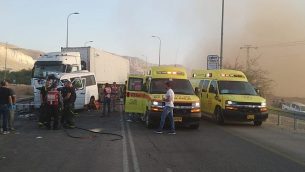 موقع حادث الطارق بالقرب من مفرق بتسلئيل، على الطريق رقم 90 في غور الأردن، 4 نوفمبر، 2018. (نجمة داوود الحمراء)