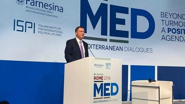 رئيس الكنيست يولي ادلشتاين يتحدث في مؤتمر إقليمي في روما، 23 نوفمبر 2018 (المتحدث باسم الكنيست)