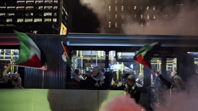متظاهرون يلوحون بالاعلام الفلسطينية خلال احتجاج ضد الاشتباكات في غزة ونقل السفارة الامريكية الى القدس، في ساو باولو، البرازيل، 15 مايو 2018 (AP/Andre Penner)