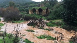 نهر زلمون في شمال اسرائيل يتدفق بقوة نتيجة الامطار، 9 يناير 2019 (courtesy Nadav Bartan/Nature and Parks Authority)