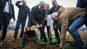 رئيس الوزراء بينيامين نتنياهو يغرس شجرة زيتون في حينتيف هأفوت في مستوطنة إلعازار بالضفة الغربية، 28 يناير، 2019. (Marc Israel Sellem/POOL)
