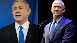 رئيس الوزراء بنيامين نتنياهو، من اليسار، وبيني غانتس، من اليمين.  (Hadas Parush/Tomer Neuberg/Flash90)