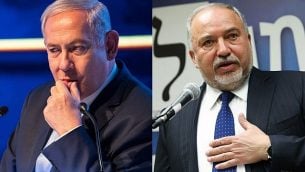 رئيس الوزراء بنيامين نتنياهو، في الصورة من اليسار، وزعيم ’يسرائيل بيتنو’، أفيغدور ليبرمان، في الصورة من اليمين. (Flash90)