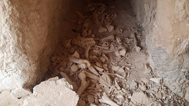 إعادة دفن رفات يُعتقد أنها ليهود من فترة الهيكل الثاني، تم العثور عليها بعد تعرض القبور التي دُفنت بالقرب من مدينة أريحا لأضرار، في مستوطنة كفار أدوميم القريبة، 21 مايو، 2019.   (Courtesy Regavim)