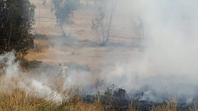 رجال اطفاء يحاولون اخماد حريق في منطقة اشكول في جنوب اسرائيل، نتج عن بالون حارق اطلق من قطاع غزة، 22 مايو 2019 (Eli Cohen/Fire and Rescue Services)
