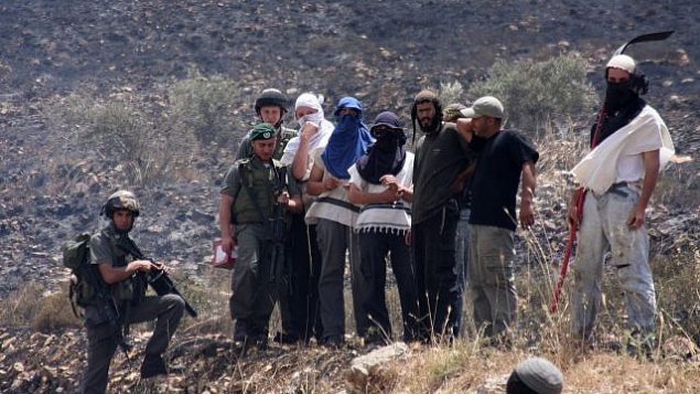 مستوطنون ملثمون إسرائيليون من يتسهار وجنود يراقبون حقولا فلسطينية تم إشعال النار في قرية عصيرة القبلية، 2 يونيو، 2010.  (Wagdi Ashtiyeh/Flash90)