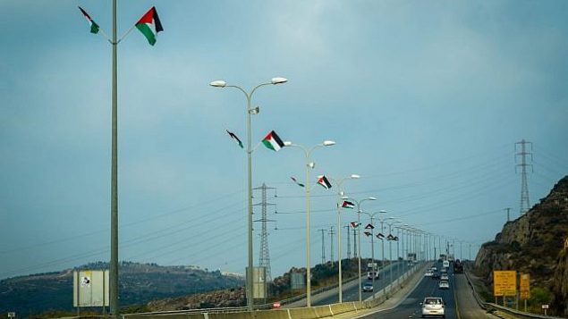 أعلام فلسطينية علقها نشطاء في اليمين الإسرائيلي على طول طريق سريع في الضفة الغربية، 7 يوليو، 2019.  (Courtesy of Regavim)