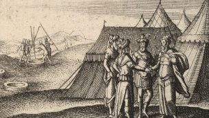 طبع حجري يظهر ابراهيم يقسم لملك الفلسطينيين ابيميلخ (University of Toronto Wenceslaus Hollar Digital Collection)