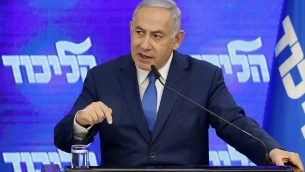 رئيس الوزراء بنيامين نتنياهو خلال مؤتمر صحفي في رمات غان، 29 اغسطس 2019 (Jack Guez/AFP)