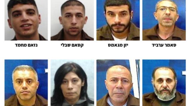 باتجاه عقارب الساعة من أعلى الصورة في اليسار، أعضاء منظمة الجبهة الشعبية لتحرير فلسطين، نظام محمد، قاسم شبلي، يزن مغامس، سامر عربيد، وليد حناتشة، عبد الرازق فراج، خالدة جرار واعتراف حجاج، الذين تم اعتقالهم جميعها من قبل جهاز الأمن العام (الشاباك) بشبه التورط مباشرة أو المصادقة على تنفيذ تفجير قاتل ضد عائلة إسرائيلية خارج مستوطة دوليف في شهر أغسطس 2019.  (Shin Bet)