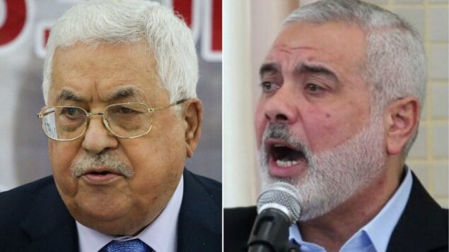 رئيس السلطة الفلسطينية محمود عباس (يسار) وزعيم حماس إسماعيل هنية (Flash90, Said Khatib/AFP)