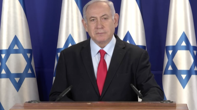 رئيس الوزراء بنيامين نتنياهو يخاطب الإسرائيليين، 13 أبريل 2020. (Screenshot)