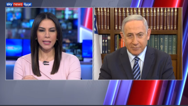 رئيس الوزراء بنيامين نتنياهو في مقابلة مع قناة سكاي نيوز العربية التي مقرها أبو ظبي، 17 أغسطس 2020. (Screen capture: Sky News Arabia)