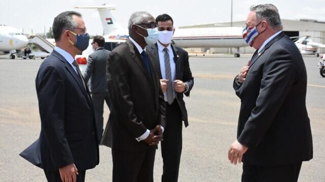 زير الخارجية الأمريكي مايك بومبيو يصل السودان، 25، أغسطس، 2020. (Twitter)