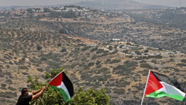 صورة توضيحية: متظاهرون فلسطينيون يلوحون بالاعلام خلال مظاهرة في بلدة بديا بالضفة الغربية، 6 يوليو 2020 (JAAFAR ASHTIYEH / AFP)