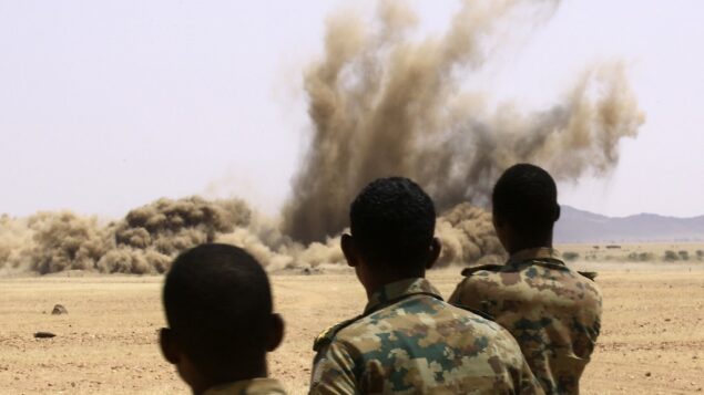عناصر من الجيش السوداني يقفون بينما يتم تدمير أسلحة جُمعت من مواطنين سودانيين في قاعدة حجر العسل بولاية نهر النيل على بعد 200 كيلومتر شمال العاصمة الخرطوم، 29 سبتمبر 2020 (ASHRAF SHAZLY / AFP)
