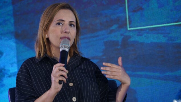 غيلا غملئيل تتحدث في مؤتمر في مستوطنة كيديم بالضفة الغربية، 5 سبتمبر 2019 (Hillel Maeir / Flash90)