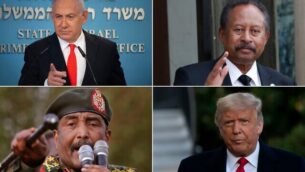 في اتجاه عقارب الساعة ، من أعلى اليسار: رئيس الوزراء بنيامين نتنياهو في مكتبه في القدس، 13 سبتمبر، 2020 (Alex Kolomiensky / Yedioth Ahronoth via AP، Pool)؛ رئيس الوزراء السوداني عبد الله حمدوك في قصر الاليزيه في باريس، 30 سبتمبر، 2019. (AP Photo / Thibault Camus)؛ الرئيس الأمريكي دونالد ترامب في البيت الأبيض، 21 أكتوبر، 2020. (AP Photo / Alex Brandon)؛ الفريق أول عبد الفتاح برهان ، رئيس المجلس العسكري السوداني، غرب الخرطوم، 29 يونيو، 2019. (,AP Photo / Hussein Mala File)