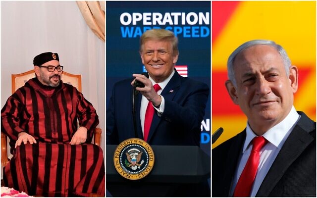 (من اليسار إلى اليمين) رئيس الوزراء بنيامين نتنياهو، الرئيس الأمريكي دونالد ترامب، والعاهل المغربي الملك محمد السادس (Abir Sultan, Evan Vucci and Moroccan Royal Palace/AP)