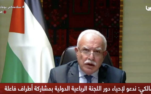 وزير خارجية السلطة الفلسطينية رياض المالكي يخاطب مجلس الأمن التابع للأمم المتحدة في 26 يناير، 2021. (screenshot: Palestine TV)